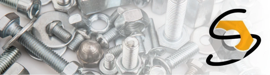 An assortment of shiny metal bolts, nuts, and washers, with the Southcoast Fastener logo prominently displayed on the right.