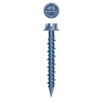 Slotted Indented Hex Washer Head Concrete Screws, Blue Ceramic Coated finish, 3/16 x 1 1/4"