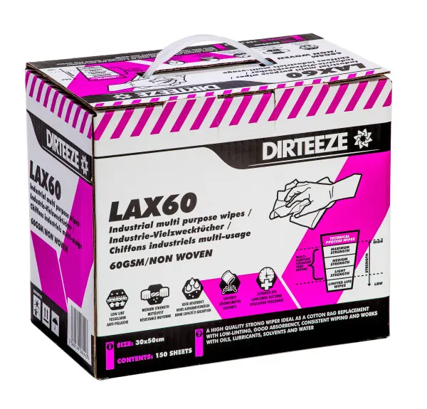 30 CM x 50 CM Dirteeze LAX 60 Industrial Low Lint Rag Replacement Dry Wipes, Box (150 Sheets), USA